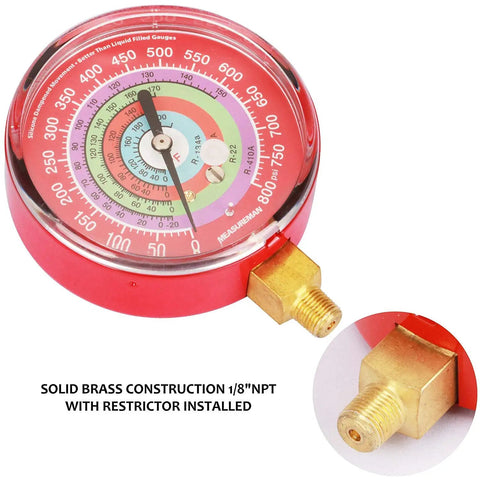 Refrigeration Pressure Gauge Kit With 3-1/8 Inch Dial, Dual Color Blue And Red Dials, 1/8 NPT Lower Mount, -30inHg To 0-250psi, 250-500psi And 0-800psi, For R-134a R-404A R-22 R-410A HVAC Pros red brass gauge close-up with 1/8 NPT fitting