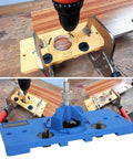 Blue hinge boring jig kit with drill guide, bracket and wrench for 35mm holes; mounted on cabinet door.