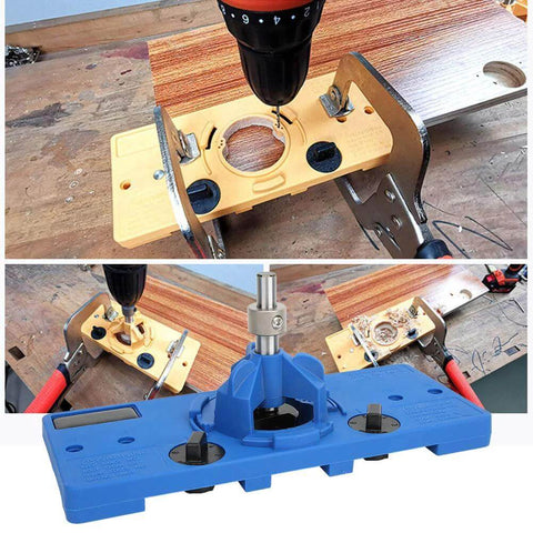 Front view of blue plastic hinge-boring jig with drill guide for cabinet door installation.