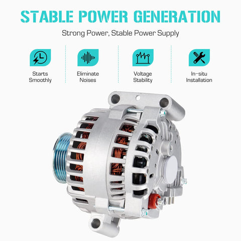 Beefed Up 12V Alternator Replacement For Ford F-250 F-350 Super Duty 6.0L 2005 2006 2007, shown in aluminum build with copper coil.