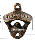 Premium Vintage Cast Iron Wall Mounted Beer Bottle Opener 3 Piece Set Antique Gold with 'OPEN HERE' engraving.