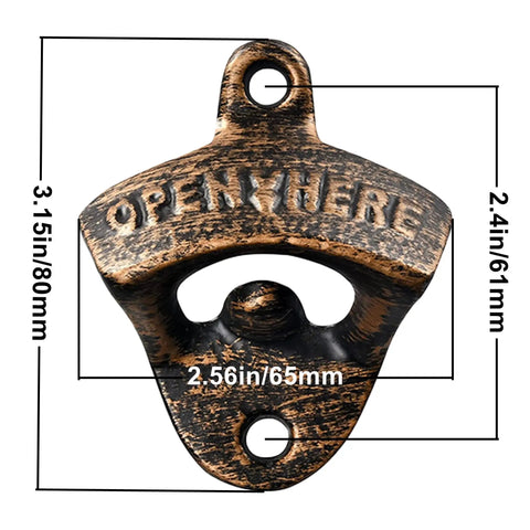 Premium Vintage Cast Iron Wall Mounted Beer Bottle Opener 3 Piece Set Antique Gold with 'OPEN HERE' engraving.