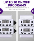 Four digital timers plugged in showing programmable weekly schedule for 7-Day Digital Outlet Timer For Indoor Plug-In Lights, 2 Pack.