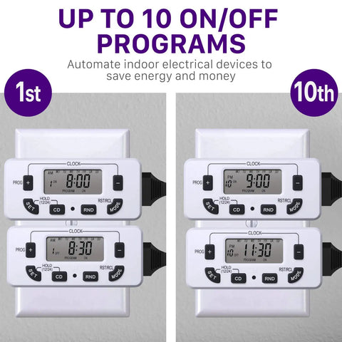 Four digital timers plugged in showing programmable weekly schedule for 7-Day Digital Outlet Timer For Indoor Plug-In Lights, 2 Pack.