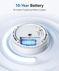 Combo Smoke And Carbon Monoxide Alarm With Ten Year Battery Dual Sensor Smoke Detector With Bilingual Voice Alerts Reduced Nuisance Alarms For Home Safety Four Pack, rear view with 10-year battery