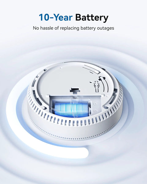 Combo Smoke And Carbon Monoxide Alarm With Ten Year Battery Dual Sensor Smoke Detector With Bilingual Voice Alerts Reduced Nuisance Alarms For Home Safety Four Pack, rear view with 10-year battery