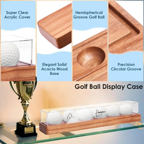 Crystal Clear UV Protected Golf Ball Display Case For Six Balls Must Have Dustproof Display Box showing acacia wood base