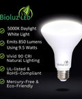 BR30 LED Flood Bulbs For Indoor Lighting, 9.5W, 75W Equivalent, showing bulb features and Bioluz LED logo