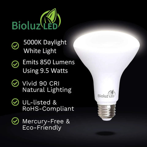 BR30 LED Flood Bulbs For Indoor Lighting, 9.5W, 75W Equivalent, showing bulb features and Bioluz LED logo