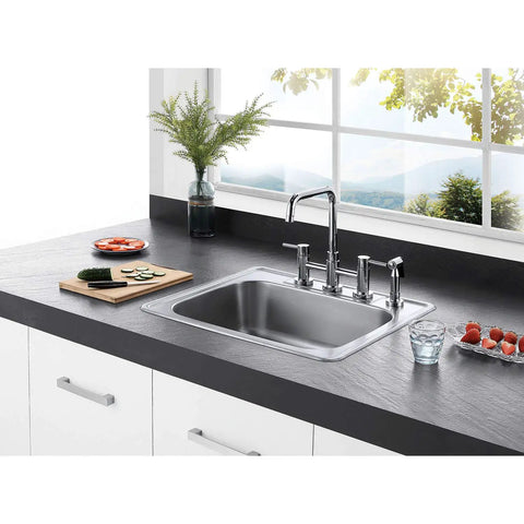 Gourmetier Studio Self Rimming Single Bowl Kitchen Sink GKTS25228 in brushed stainless steel with four faucet holes installed in countertop.