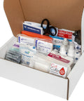 Open box of ANSI 2021 Class B First Aid Kit Refill Pack with 160 pieces, heavy duty Medifirst bandages, burn gel packets, OSHA compliant supplies.