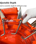 Adjustable depth mechanism on Hand Push Roller Seeder For Terraced Gardens And Ranch Use, Dual Seed And Fertilizer Dispenser
