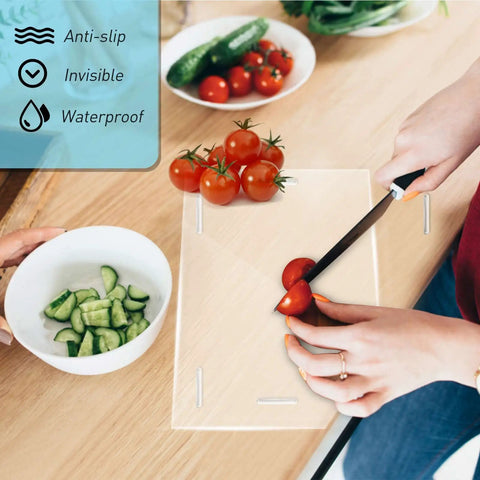 Heavy Duty Silicone Cabinet Door Bumpers, Ultra Grippy Self Adhesive Anticollision Tape, Pro Level Noise Dampening Pads For Kitchen Cabinets And Wood Furniture, Straight Up A Game Changer on a kitchen countertop with vegetables.