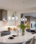 13 Inch Modern Pendant Light With Clear Schoolhouse Glass Shade In Brushed Nickel Finish, Mid Century Wine Glass Hanging Fixture For Kitchen Island And Living Room, Warm Glow Designer Look over kitchen island