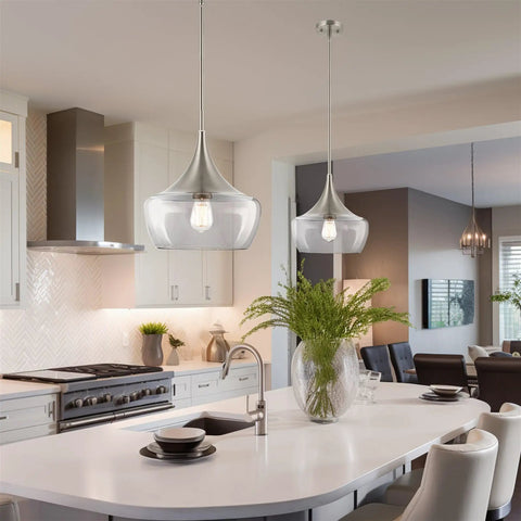 13 Inch Modern Pendant Light With Clear Schoolhouse Glass Shade In Brushed Nickel Finish, Mid Century Wine Glass Hanging Fixture For Kitchen Island And Living Room, Warm Glow Designer Look over kitchen island