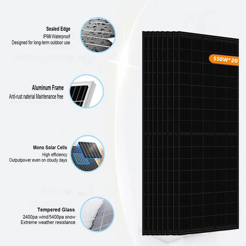 Heavy Duty Off Grid Solar Power System Complete Kit With Twenty 550W Bifacial Panels showcasing sealed edges and aluminum frame.