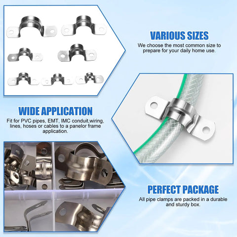 Stainless Steel U Clamp Kit For Pipe And Tube Mounting, Heavy Duty U Bracket Pipe Strap For 5/16 To 3/4 Inch shown in various sizes