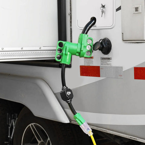 Installed Beefy Built Tough Overload Protector 50 Amp to 110 Volt RV Adapter Cord With Circuit Breaker, NEMA 5-15P To 14-50R, Green