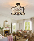 Sleek Black Crystal Chandelier With Five Lights For A Lit Look Semi Flush Mount Ceiling Fixture With K9 Crystals in living room