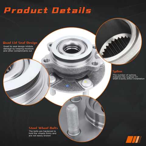 Front Wheel Hub And Bearing Assembly For Nissan Rogue 2008 To 2013 And 2014 To 2015 Rogue Select Plus 2007 To 2012 Sentra 5 Lug With ABS Pair Beefed Up Wheel Bearing Kit For Front Axle Easy Install Sealed Grease For Built To Last, showing design details and components.