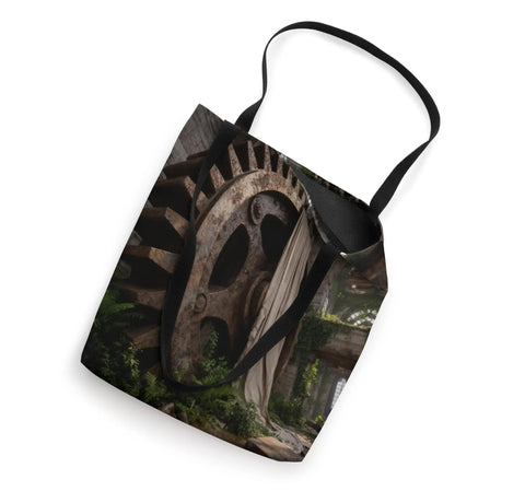 Cool Industrial Gear Ruin Factory Machinery Tote Bag With Heavy Duty Handles And Double Stitched Canvas For Tough Jobs And Street Style Vibes against a background of gears.