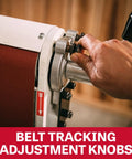 Belt tracking adjustment knobs on Heavy Duty 6 By 48 Inch Belt And 12 Inch Disc Sander With Closed Stand for precise sanding adjustments.