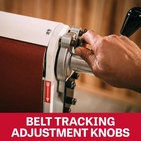 Belt tracking adjustment knobs on Heavy Duty 6 By 48 Inch Belt And 12 Inch Disc Sander With Closed Stand for precise sanding adjustments.