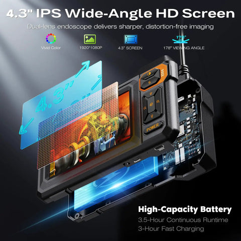 Close-up of Boss HD Endoscope Camera With Light 1920P Borescope showing a 4.3-inch IPS screen and circuit details.