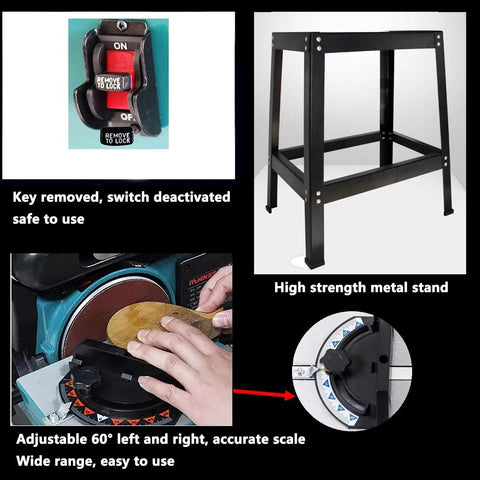 Heavy Hitter Belt Disc Sander With Stand Adjustable Angle Bench Grinder 1200W Motor with safe switch and sturdy metal stand.