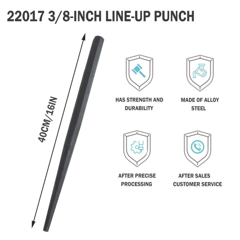 Line-Up Alignment Punch Set 3/8 Inch Cone Tip, 7/8 To 3/8 Inch Range, depiction showing features and measurements.