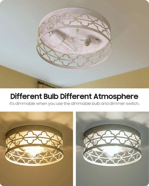 Semi Flush Mount Ceiling Light Fixture In Modern Farmhouse Style With Antique White Finish, Quatrefoil Drum Shade, different lighting