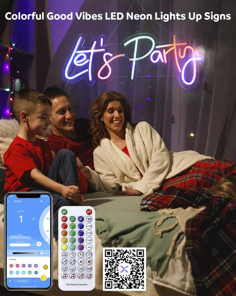 RGB Lets Party Neon Sign For Wall Decor Large LED Neon Light Up Sign With Rainbow Colors And Music Sync Perfect For Weddings Birthdays Christmas Valentines Day Bars And More Comes With Power Adapter in bedroom setting with family and app control display.