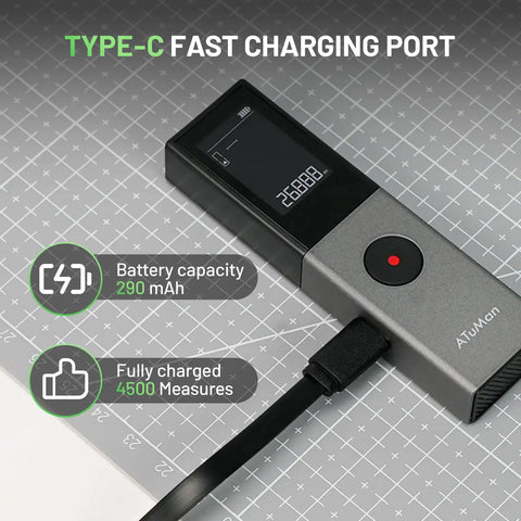 Dope Green Laser Distance Meter With 165 Feet Range, 2mm Accuracy, Rechargeable Battery, Handheld Measuring Tool For Quick, Precise Distance And Area Calculations. Black-and-gray handheld laser distance meter with Type-C charging port and 290 mAh battery