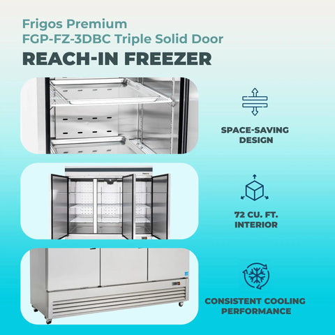 Massive 82 Inch Commercial Freezer With Triple Solid Doors And Precision Digital Temperature Control Built Hella Tough For Kitchens Running Round The Clock No Sweat Cold Storage With Free Liftgate Delivery Included Today, showing interior shelves and triple door access.