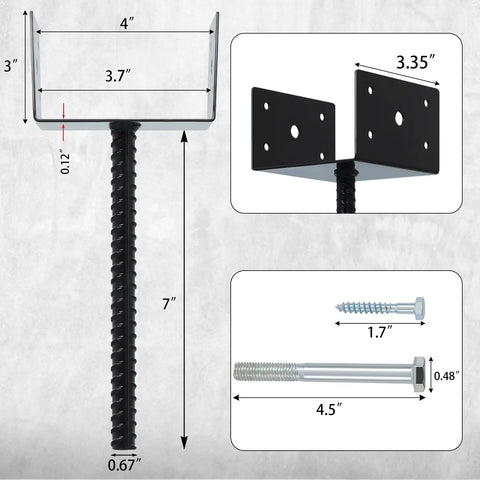 U Shape Fence Post Holder 4x4 Inch Post Anchor Pack Of 4 With Screws And Nuts, dimensions and details shown