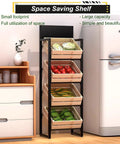 4 Tier Beefy Walnut Look Steel Frame Storage Rack Rock Solid Heavy Duty Floor Shelf for Kitchen Garden Produce Display showing stacked produce.