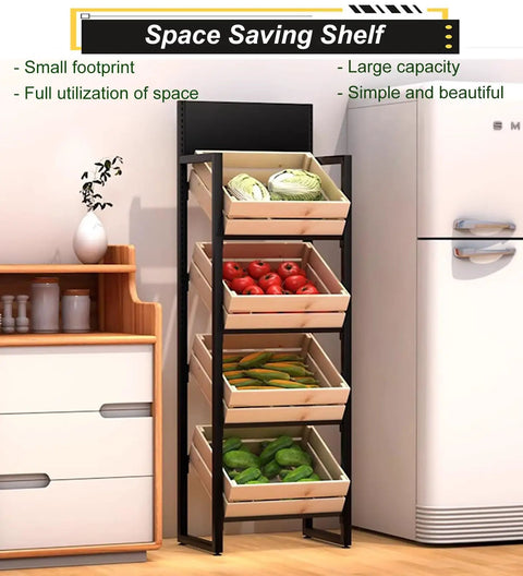 4 Tier Beefy Walnut Look Steel Frame Storage Rack Rock Solid Heavy Duty Floor Shelf for Kitchen Garden Produce Display showing stacked produce.