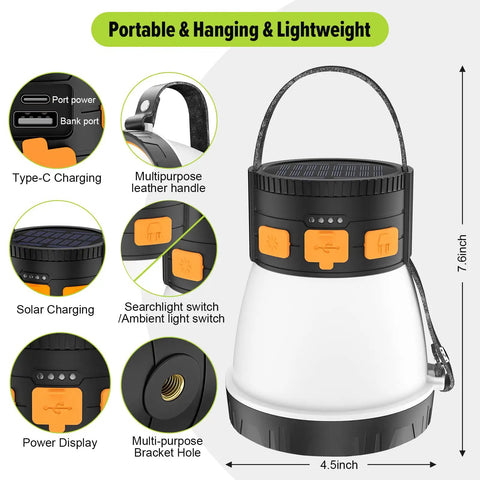 Beastly Bright 1500 Lumen Solar Panel Charging Camping Lantern with 8 lighting modes, waterproof design, handles, buttons, and ports.