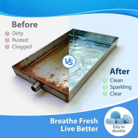 Before and after results of AC Drain Pan Tablets 120 Count for Condensate Systems, Non Clog Pan Cleaner With Odor Control.