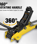 2.5 Ton Trolley Jack With Carrying Case Hydraulic Low Profile Floor Jack For Cars Lift With Single Piston Pump 5500 Lb Capacity Heavy Duty Steel Construction Easy Roll Casters showing 360 rotating handle.
