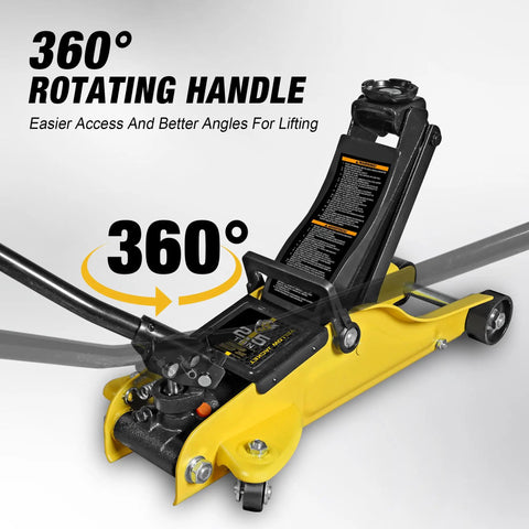 2.5 Ton Trolley Jack With Carrying Case Hydraulic Low Profile Floor Jack For Cars Lift With Single Piston Pump 5500 Lb Capacity Heavy Duty Steel Construction Easy Roll Casters showing 360 rotating handle.