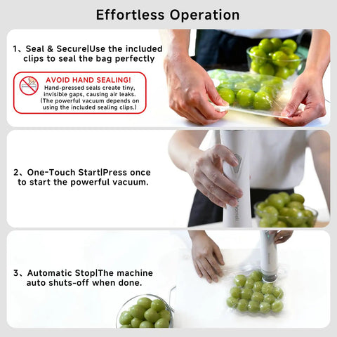 Compact Food Vacuum Sealer With 30 Reusable Bags in use sealing grapes using handheld machine.