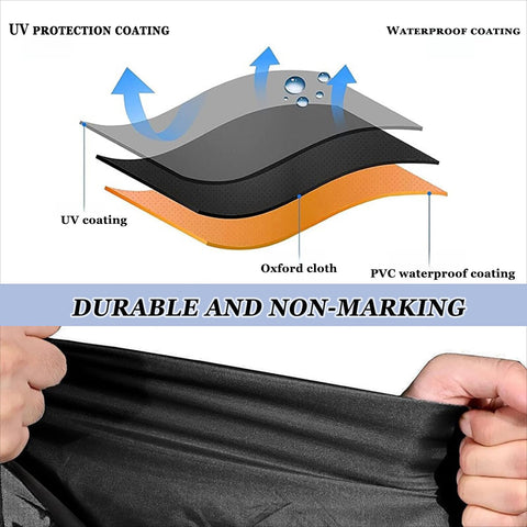 Layered diagram with UV protection, Oxford cloth, PVC waterproof coating for Durable Heavy Duty BBQ Grill Cover For Summit E 470 2010 To 2026 Outdoor All Season Protection Water Resistant Weatherproof Shield For Backyard Patio Deck Garden, hands stretching cover.