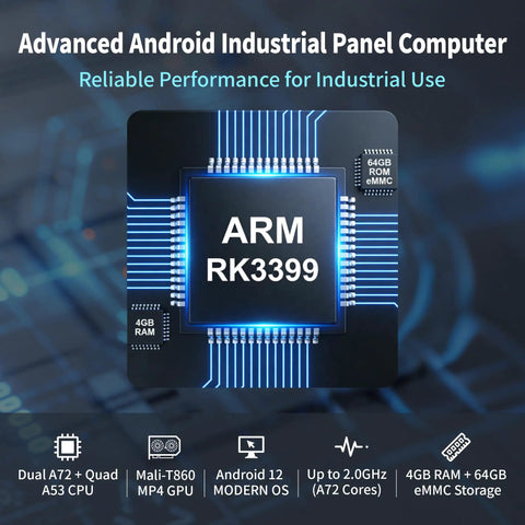 Close-up of ARM RK3399 chip for 15.6 Inch All In One Industrial Panel PC with Android 12 Fanless, 4GB RAM, 64GB ROM