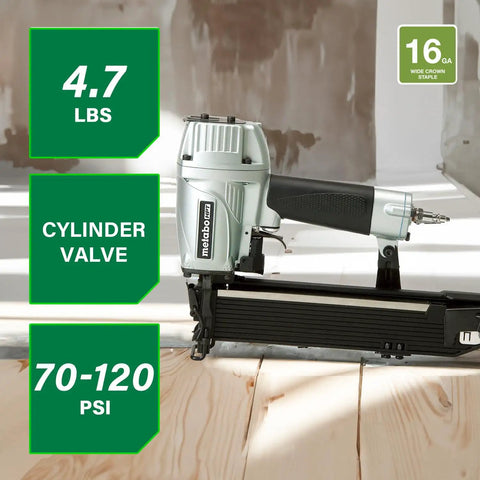 Wide Crown Pneumatic Stapler For Fast Framing And Lathing Projects Lightweight 16 Gauge Nailer on wooden floor