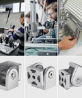 2 Pcs Die Cast Zinc Alloy Pivot Joint Connectors for 3030 Aluminum Extrusion Profiles shown in industrial use and close-up views.
