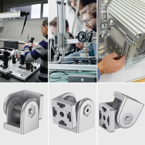 2 Pcs Die Cast Zinc Alloy Pivot Joint Connectors for 3030 Aluminum Extrusion Profiles shown in industrial use and close-up views.