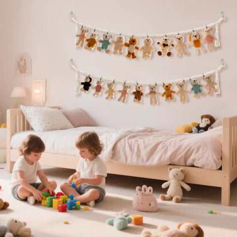 80 Inch Hanging Storage Chain For Stuffed Animals 2 Pack With 40 Metal Clips, displayed with toys on bedroom wall.