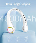 Dope Portable Neck Fan With 4000mAh Battery shown with soft wind, moderate wind, strong wind durations displayed