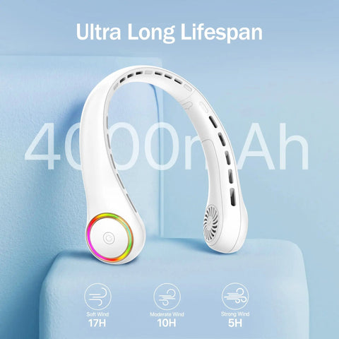 Dope Portable Neck Fan With 4000mAh Battery shown with soft wind, moderate wind, strong wind durations displayed